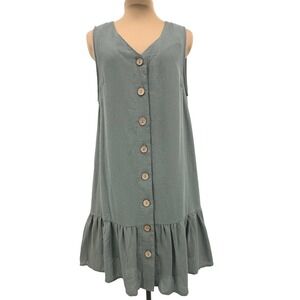 Entro Sleeveless Dress Casual‎ Button Front Ruffle Hem Sage Green M